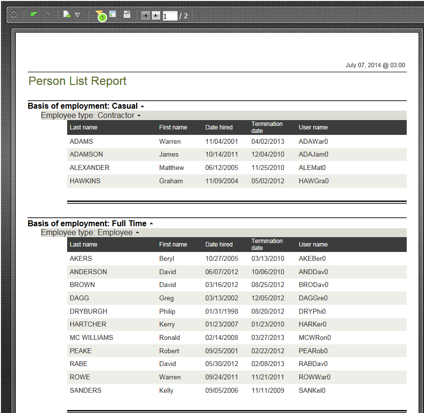 Interactive Report - example Person List Report