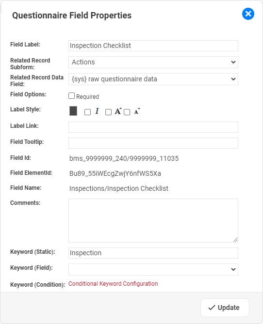 Questionnaire - field properties