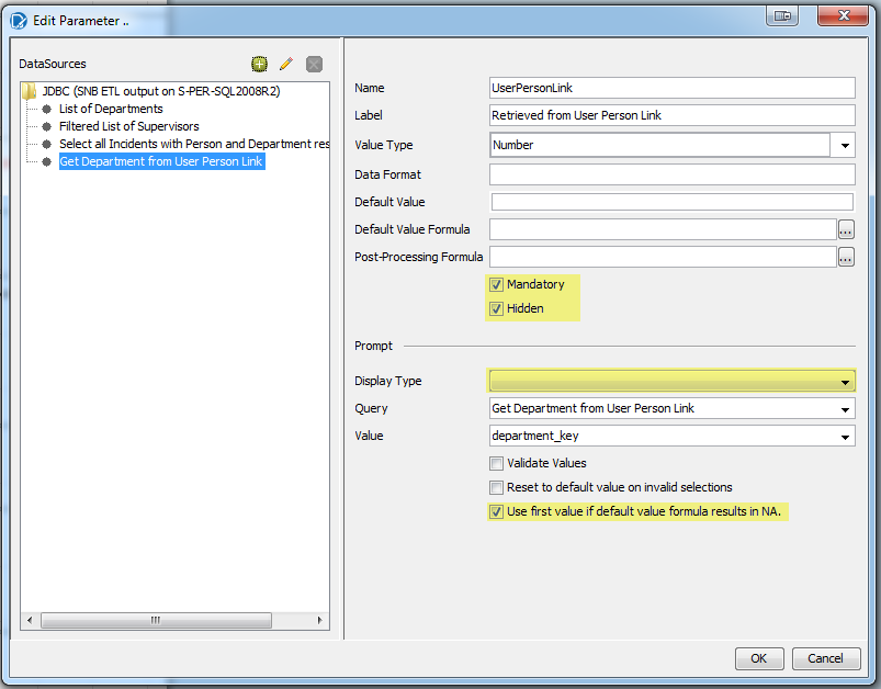 Report Designer - parameter edit window for security filter