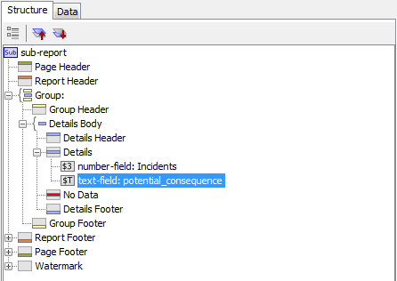 Report Designer - Structure Pane selecting a field