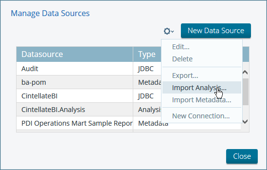 User Console - selecting to import Analysis Source